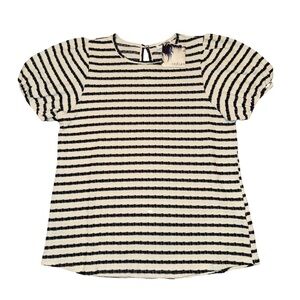NWT Mittoshop Puff Short Sleeved Knit Top Keyhole Back Black/Cream Stripes Med